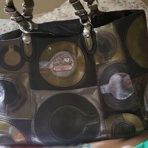 Coach Black and Silver Tote with Circular Patterns